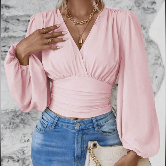 Boho Classic Elegant VNeck Pleated Smocked Long Sleeve Cropped Top Blouse Shirt - Picture 12 of 12